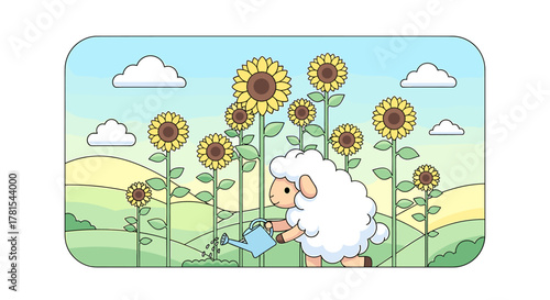 Adorable sheep happily waters sunflowers in a bright field on a sunny day, bringing joy and warmth to any project with its charming illustration