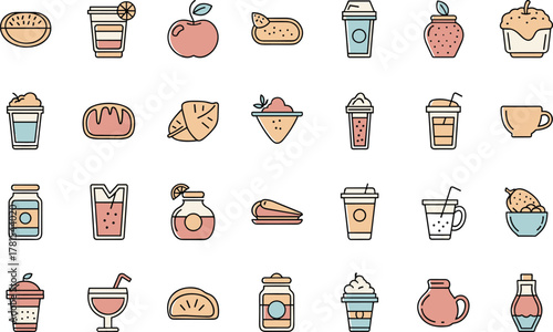 Pastel Color Snack, Dessert, and Beverage Line Icons Set Vector