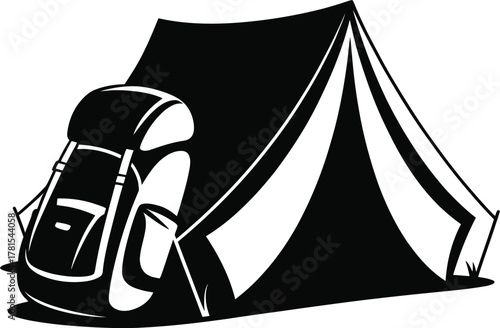 Camping tent backpack and gear silhouette for outdoor adventures
