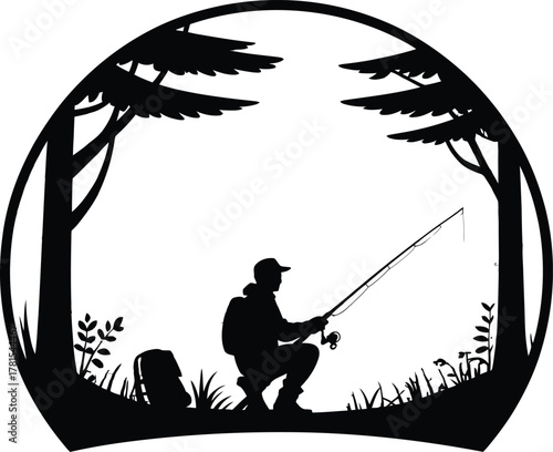 Silhouette of a fisherman with rod backpack and forest elements in a circle