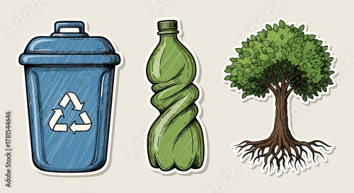 Promote environmental stewardship with this vibrant illustration of recycling, bottles, and trees, perfect for eco-conscious brands and sustainable initiatives