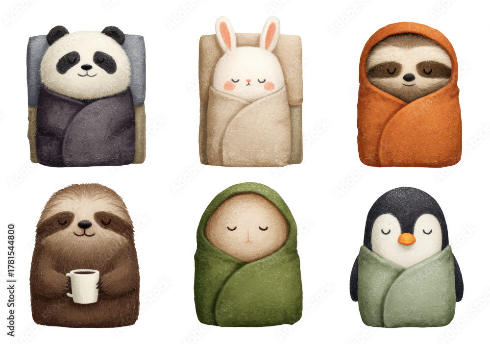 Obraz premium Cute Animal Characters in Cozy Blankets with Soft Colors on Transparent Background