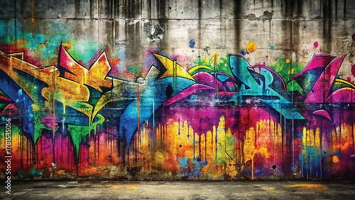 Colorful Street Graffiti Wall Texture Background with Dripping Paint and Urban Art Design