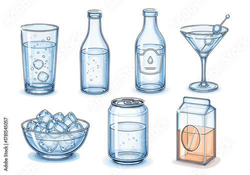Hand Drawn Style Transparent Glass and Bottle Drinks Vector Set