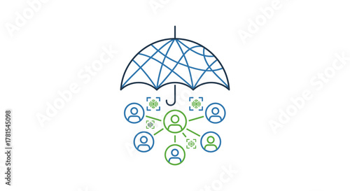 Secure networking protecting business connections with an umbrella, showing security and privacy for your company's growing social network