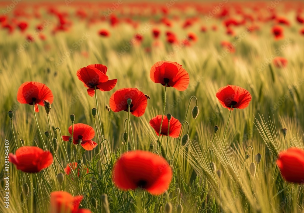Fototapeta premium Vibrant red poppy flowers standing tall in a sunlit field of golden wheat grain.