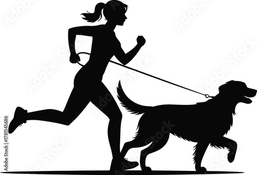 Woman jogging with her dog on a leash in a distinctive silhouette style