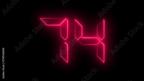 Glowing neon digital text 74 number . Educational mathematics concept 74 number, promote advertising concept isolate using quick time black background. it is ready for education and able to use.