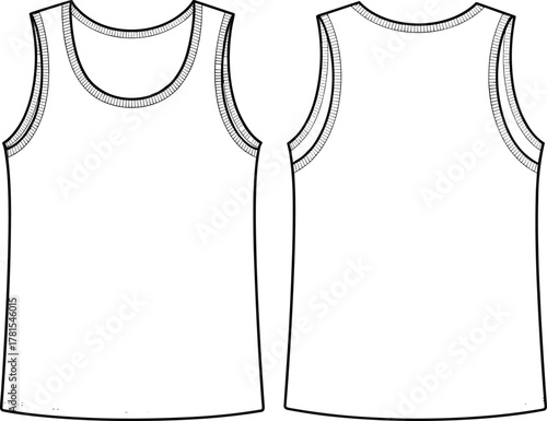 Tank top template, fashion flat sketch, technical drawing, scoop neck, wide straps, front back view, apparel design, garment illustration, clothing outline, vector style