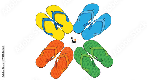 Colorful flip flops arranged in a circle evoke summer vibes and beach days, perfect for travel ads and vacation promotions, a vibrant and joyful design element