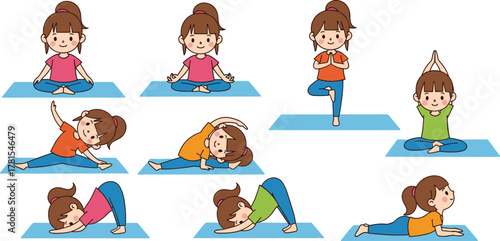 Cartoon girl doing yoga poses, children exercise illustration, mindfulness, flexibility training, fitness routine, wellness activity, calm practice, blue mats