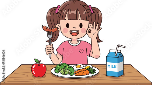 Cartoon girl eating healthy food, balanced meal, vegetables, apple, milk carton, smiling child, nutrition, table, fork, sausage, pink shirt