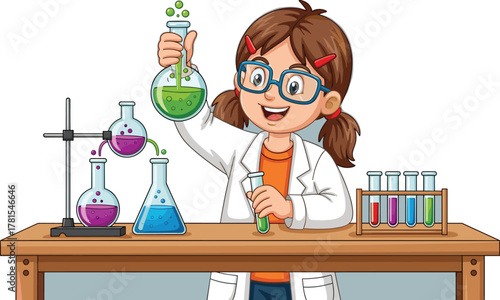 Cartoon child scientist, chemistry experiment, lab glassware, science education, colorful liquids, girl in lab coat, vector illustration