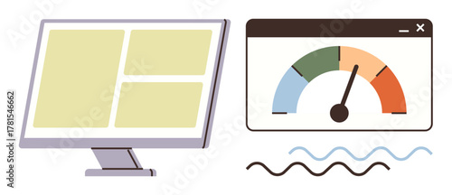 Computer monitor displaying a structured layout alongside speedometer gauge for performance metrics. Ideal for data visualization, business analytics, technology, productivity, growth, monitoring