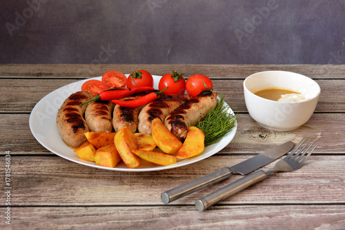 A plate with a delicious lunch, grilled sausages with cherry tomatoes and fried potatoes on a light wooden table, next to a gravy boat and cutlery.