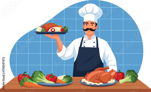 Chef standing behind table with cooked dishes and fresh ingredients, wearing hat and apron in kitchen setting vector illustration