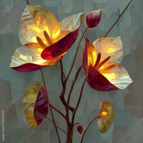 Glowing geometric floral forms intertwined in surreal garden style.