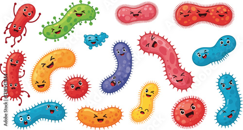 Colorful cartoon bacteria with expressive faces and unique shapes including flagella and cilia in playful educational microbiology illustration