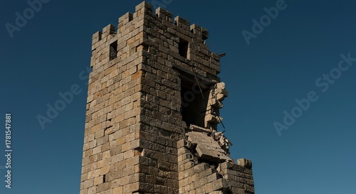 Wallpaper Mural A towering, ancient stone fortress symbolizing absolute power and historical imprisonment, now showing signs of violent collapse and decay ,heavy ,large ,vintage Torontodigital.ca