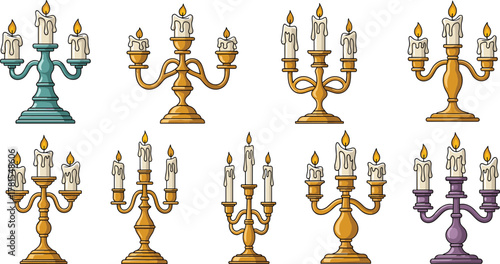 Set of eight artistic candelabra illustrations with lit candles in varied styles, colors, and arm designs for decorative use