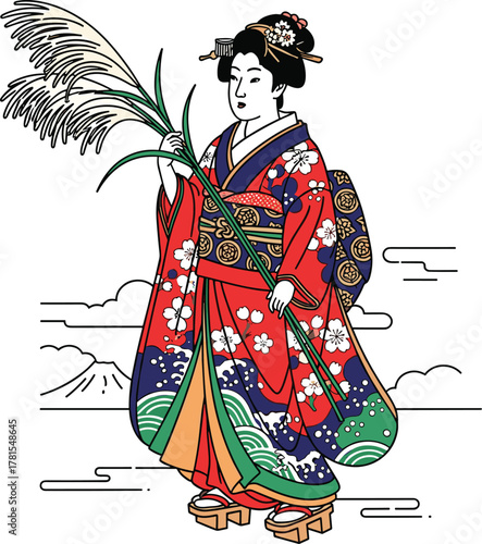 Traditional Japanese Geisha in Kimono with Pampas Grass and Mount Fuji Vector
