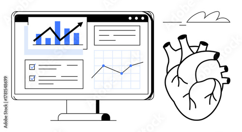 Computer screen displaying charts, graphs, and reports alongside a human heart sketch. Ideal for healthcare, cardiology, medical data, analytics, technology diagnostics science. Simple flat