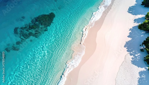 Serene Tropical Beach With Turquoise Ocean Waves Gently Washing Ashore Onto White Sand Under Soft Morning Light