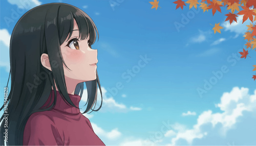 秋の空のもと佇む女性-Adobe Illustrator Artwork