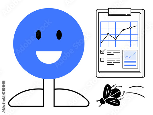 Smiling blue circular figure next to clipboard displaying graph and checklist. Fly represents distraction or nuisance. Ideal for productivity, management, analytics, motivation, organization
