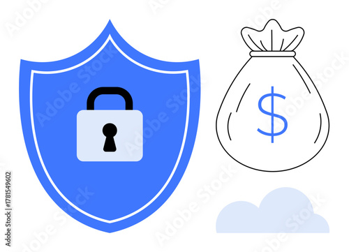 Blue shield with a lock symbolizing security, dollar money bag for finance, and cloud element. Ideal for financial protection, savings, cloud banking, investment security, fraud prevention, data