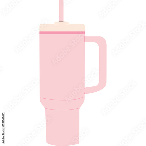 Tall Pink Tumbler With Straw And Handle On White Background