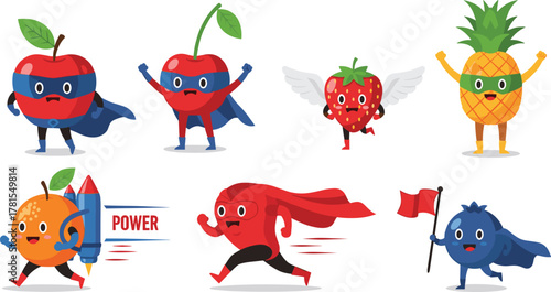 Superhero fruit character set with costumes and accessories, cartoon-style healthy food illustration promoting fun and nutrition for kids