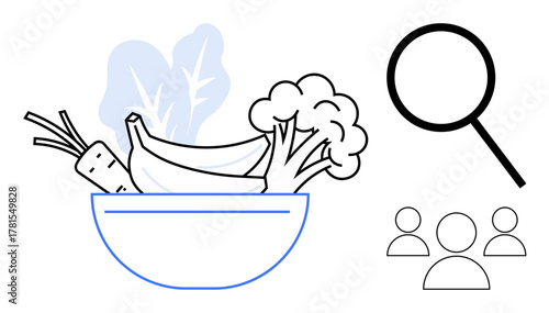 Bowl of vegetables and fruits including broccoli, carrots, bananas, magnifying glass, and group icon. Ideal for health, nutrition, research community diet organic food wellness. Simple flat