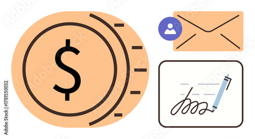 Dollar coin, envelope with user icon, signature with pen highlights finance, payment, communication, security, e-commerce, digital services, and documentation in a simple flat metaphor