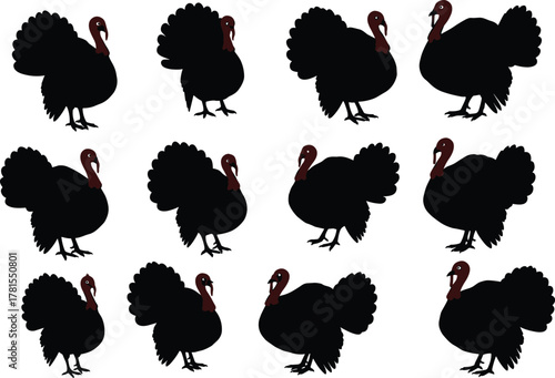 Cartoon turkey silhouette set, red head birds, festive animal poses, wildlife vector collection, cad drawing flat vector illustration