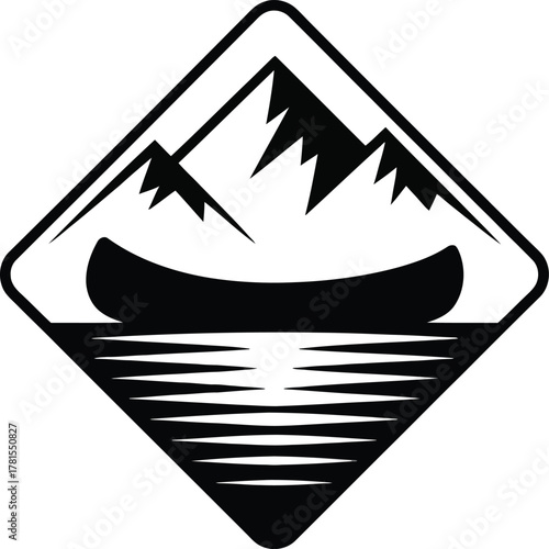 Serene canoe mountains lake diamond silhouette logo design