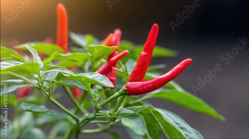 shallow. Close-up view of red chili peppers among green leaves in natural light. gardening catalogs, home-decor guides, designed for gardening and botanical catalogs, used by photographers.