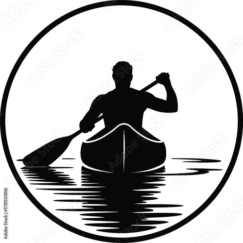 Single canoer paddling in a water circle silhouette for outdoor adventure