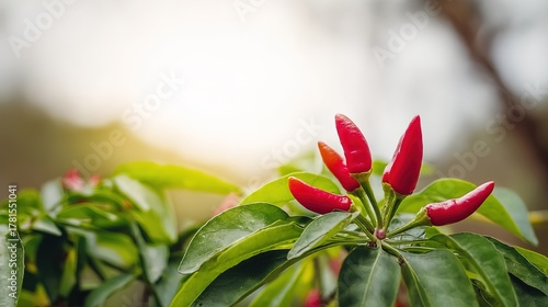 shallow. Close-up view of red chili peppers among green leaves in natural light. gardening catalogs, home-decor guides, designed for gardening and botanical catalogs, used by photographers.