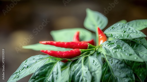 shallow. Close-up view of red chili peppers among green leaves in natural light. gardening catalogs, home-decor guides, designed for gardening and botanical catalogs, used by photographers.