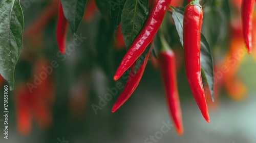 shallow. Close-up view of red chili peppers among green leaves in natural light. gardening catalogs, home-decor guides, designed for gardening and botanical catalogs, used by photographers.