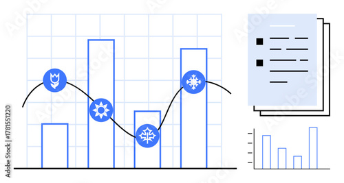 Bar chart with seasonal icons on line graph, additional small graph, and documents. Ideal for business, data analysis, seasonality, progress, performance, presentations education simple flat