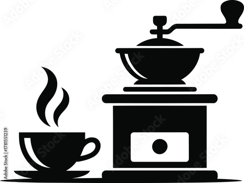 Simple silhouette icon of a coffee grinder cup and hot drink steam