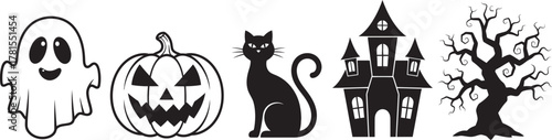 Spooky halloween icons including a ghost jack o lantern black cat haunted castle and bare tree