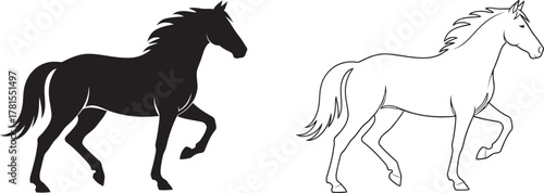 Silhouette and sketch of a horse in motion against a white background