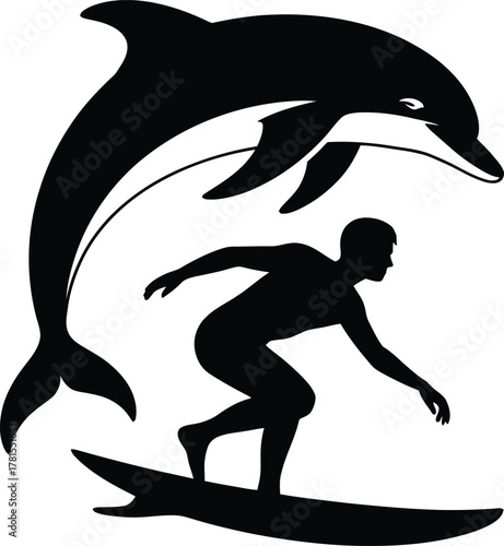 Dynamic dolphin surfer riding a majestic ocean wave silhouette