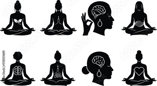 Silhouettes of people meditating with anatomical heart and brain illustrations inside them