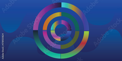 Modern abstract design with colorful segmented concentric circles on a dark blue background with subtle waves.