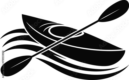 Kayak paddle with waves and water sports silhouette icon