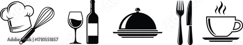 Collection of black and white vector icons representing culinary and dining elements